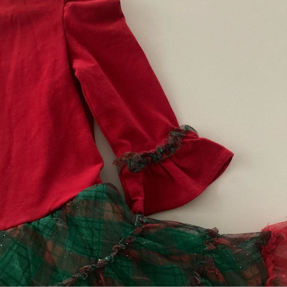 Holiday Christmas 2T Toddler Girl Santa Red Green Sparkle Tulle Dress - Picture 3 of 11